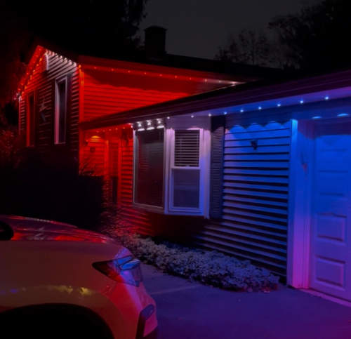 Evening exterior with installed holiday lights