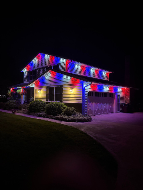Red, white, and blue holiday lighting display